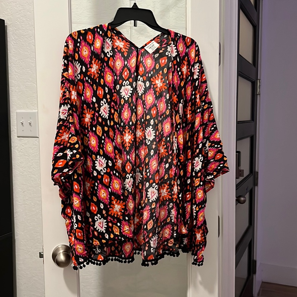 Boho Choc jacket with Pom Pom details at hem! Beautiful rayon fabric!